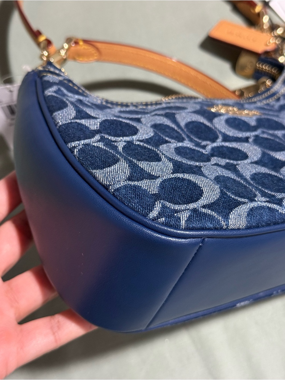 Coach Denim Signature Mini Shoulder Bag in Navy with Tan Strap - Picture 3 of 8